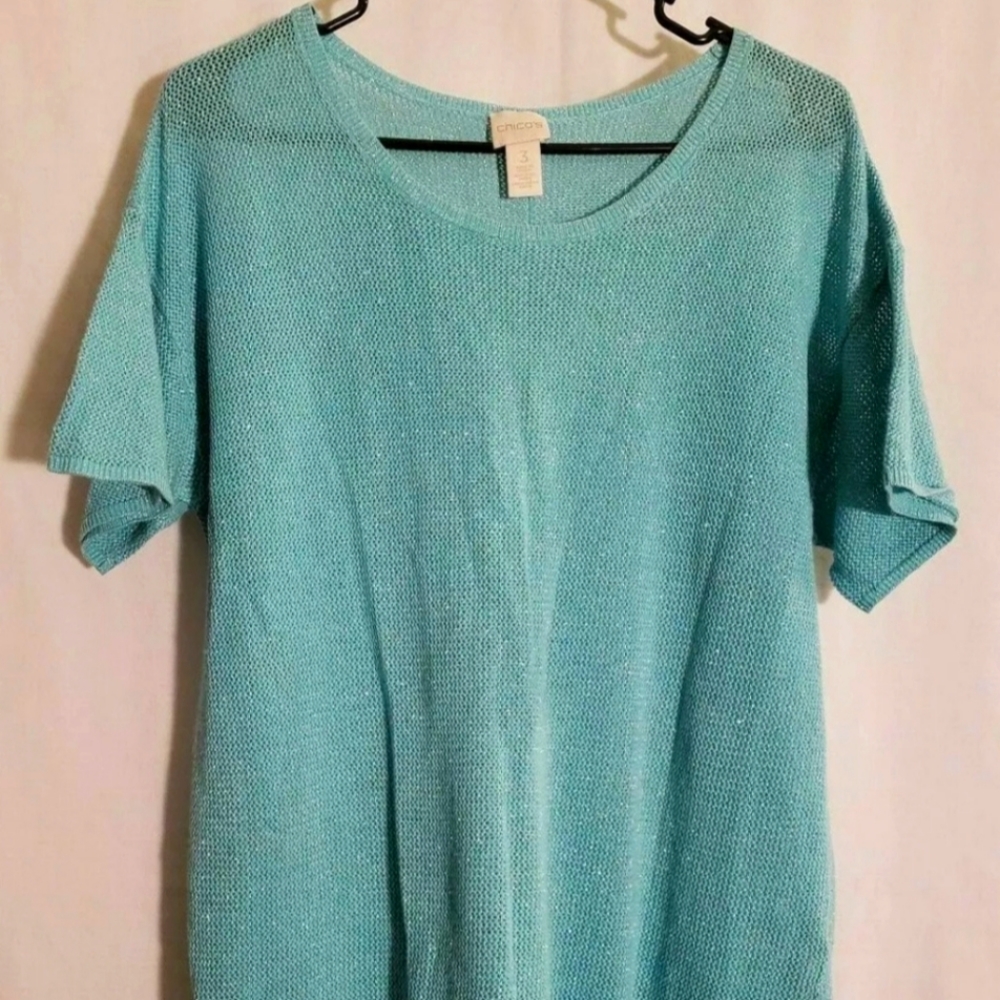 Chicos-Turquoise Blue Silver Short Sleeve Open Knit Semi-Sheer Top Sweater-3